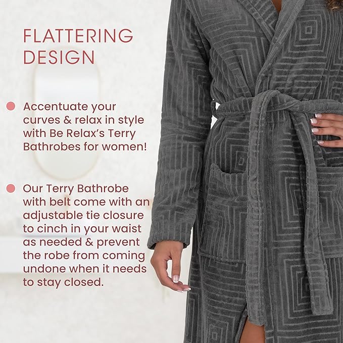 Be Relax Bathrobe for Women - Full Length Terry Cotton Robe with Shawl Collar and Hood, Warm and Cozy Robe with Belt & Pocket
