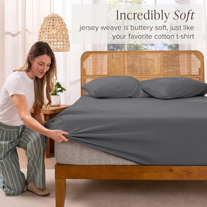 Bare Home 100% Organic Cotton Jersey Fitted Sheet - Twin XL Size - Ultra Soft - Deep Pocket Fitted Sheet - 100% Cotton - Ring Spun Yarns (Twin XL, Grey)