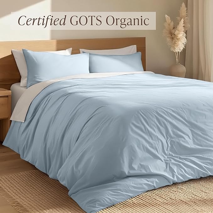 Bare Home 100% Organic Cotton Queen Duvet Cover Set - Crisp Percale Weave - Lightweight & Breathable - Cooling Duvet Cover Set (Queen, Winter Blue)