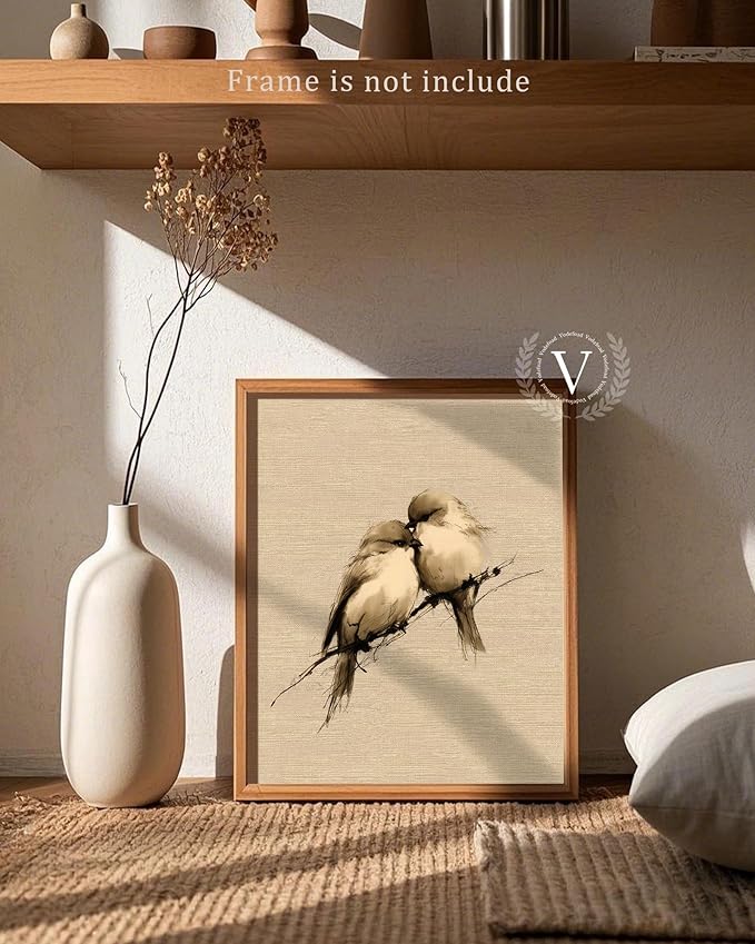 Vodefoad Vintage Love Birds Sketch Wall Art, Neutral Romantic Art, Cottage Valentine Spring Bird Canvas Painting, Romantic Country Style Interior Design Wall Decor for Bedrooms, Nurseries, Gallery, Bathroom - 8x10Inch Unframe