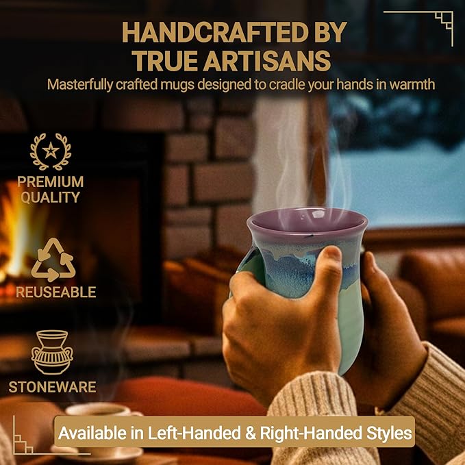 Clay in Motion Hand Warmer Coffee Mug – Handmade Coffee Mug With Comfortable Handle Contoured Pocket Hand Warming Ceramic Coffee Mug – Proudly Made in USA – Left Handed – 14 Oz - Mossy Creek