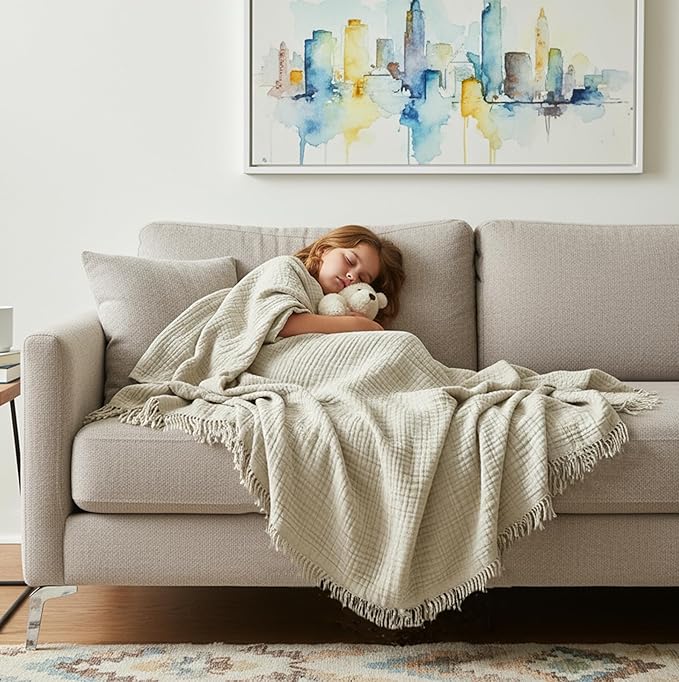KyraHome 100% Organic Cotton 90"x104" King Size Muslin Blankets for Adults, Couch, Pre-Washed Plant Dyed, Breathable Cozy Gauze Bed Blanket, All Season (Oatmeal Khaki)