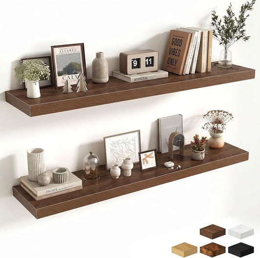 Fun Memories 48 Inch Floating Shelves for Wall - 10 Inch Deep Fireplace Mantel Shelf - Wood Floating Shelves for Wall - Large Storage Shelves Wall Mount for Living Room & Bedroom - Walnut - Set of 2
