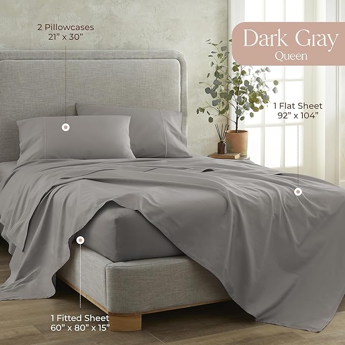 100% Organic Cotton Sheets Queen Size - GOTS Certified Organic Bed Sheets with Deep Pocket 300 Thread Count & Cozy Sateen Weave Softer with Each Wash - Luxury 4 Piece Set (Classic Grey, Queen)