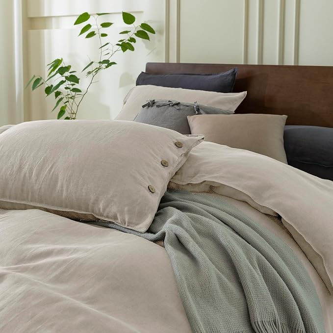 EVERLY 100% Pure Linen Duvet Cover Set Oversized King120X98Inch 3pcs (1 Duvet Cover,2 Pillowcases) Soft and Breathable for All Season with Coconut Button Closure, Suitable for Hot Sleepers-Linen
