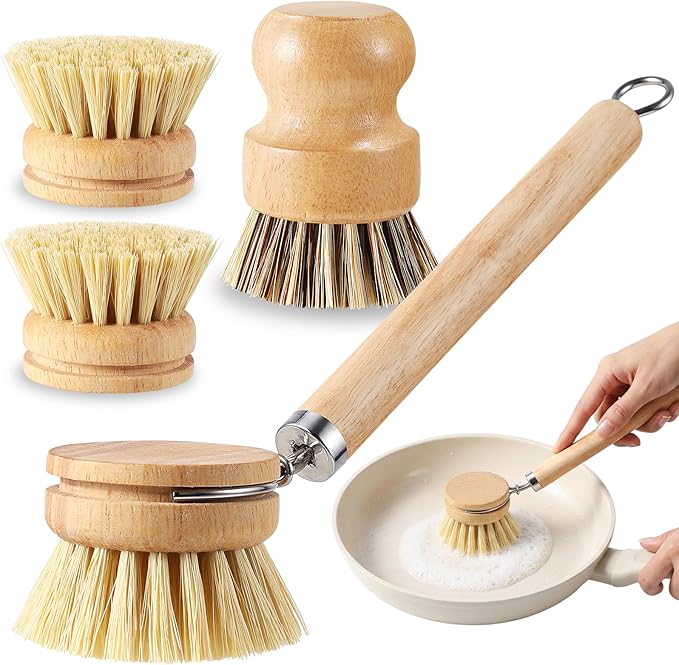 5 Pcs Bamboo Dish Brush Set Includes 1 Wooden Handle with 3 Natural Replaceable Bristle Heads and 1 Handheld Bamboo Wok Brush Scrubber for Dishes Pans Pots Fruit and Veggie Washing(Style B)