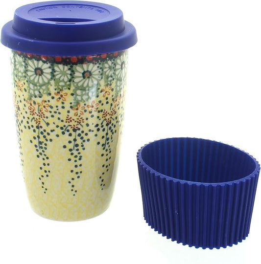 Blue Rose Polish Pottery - Yellow Sunshine Grotto Travel Coffee Mug - 12 oz - Mug for On-The-Go, Fits Most Car Cup Holders
