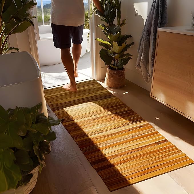 Utoplike Teak Wood Mat for Bathroom Dry Areas, Floor Mat with Non-Slip Rubber Back, Rollable, Fit for Kitchen, Vanity Area, Powder Room, Bath Room Entrance, Entryway Décor