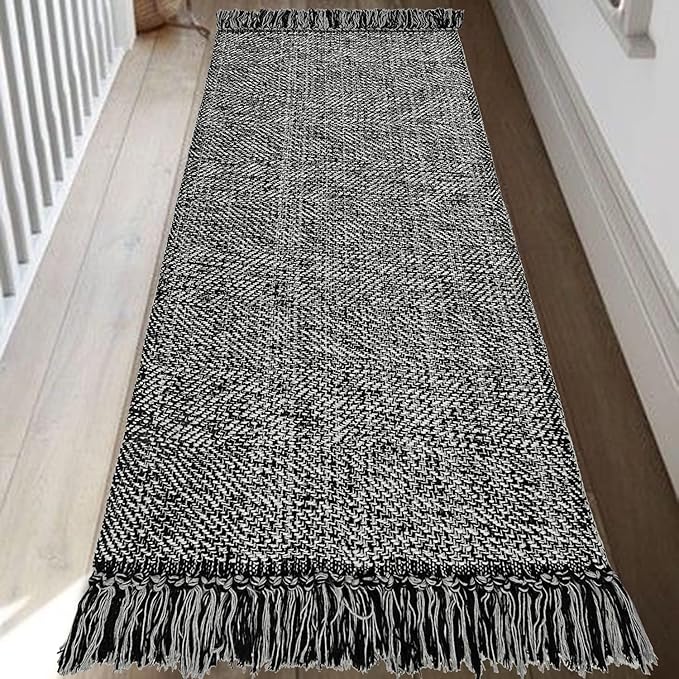 Collive Hallway Runner Rug, 2' x 6' Hand-Woven Reversible Washable , Black Cotton Modern Farmhouse Laundry Room Rug Long Carpet for Bathroom Sink Foyer Bedroom
