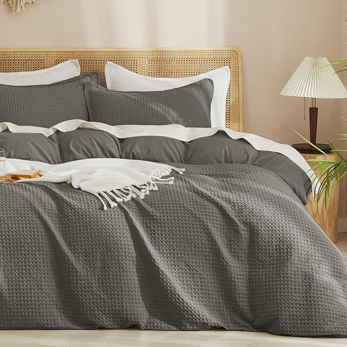PHF Waffle Weave Duvet Cover Set California King, No Snagging Ultra Soft Luxury Textured Breathable Comforter Cover for All Season 3pcs, Durable Bedding Duvet Set with 2 Pillow Shams, 104"x98", Grey
