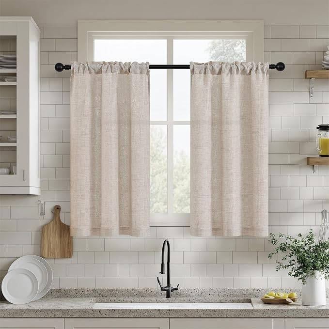 Farmhouse 36 Inch Curtains for Kitchen Window Bathroom Bedroom Light Filtering Semi Sheer Chic Boho Light Coffee Beige Tan Small Short Cafe Curtains Linen Drapes Rod Pocket 2 Panels W25xL36