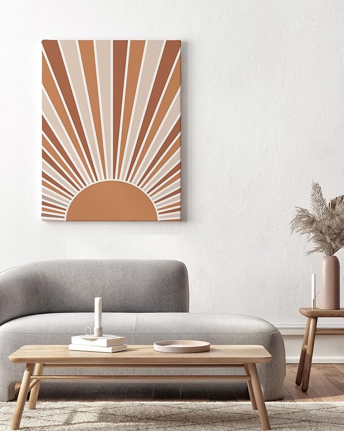Boho Rising Sun Wrapped Canvas Wall Art Sunburst Rays Earth Tones Terracotta 24x36 Inch Gallery Stretched Minimalist Modern Home Art Decor