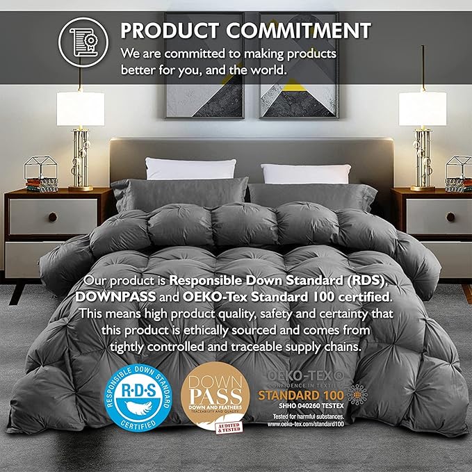 Luxurious Twin/Twin XL Goose Down Comforter, Unique Gray Pinch Pleat, 600 Thread Count, 100% Egyptian Cotton Cover, 65 Oz Fill Weight, 750 Fill Power