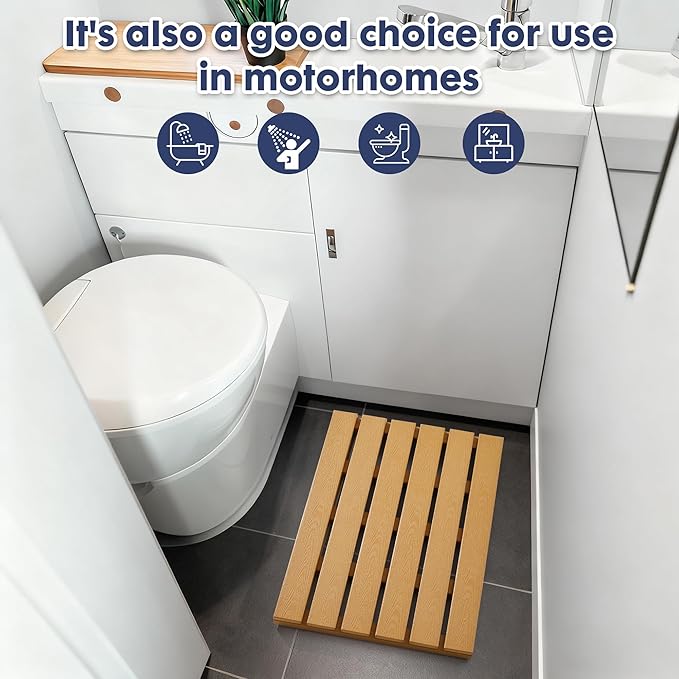 Bamboo-Design Bath Mat, Heavy Duty HDPS Plastic, 19.7" x 13.8", 400lb Support, 100% Waterproof & Fadeproof, Superior to Real Bamboo for Bathroom Spa Sauna Poolside Outdoor (Bamboo Color)