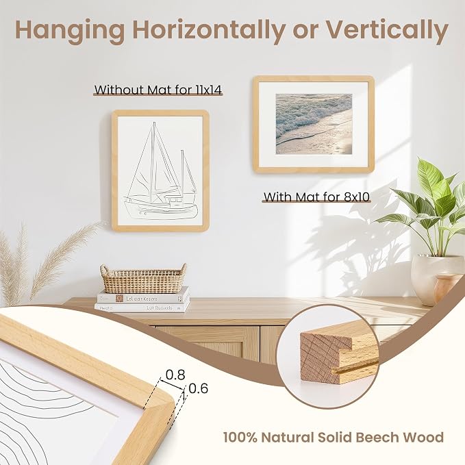 Fun Memories 11x14 Picture Frame - Solid Beech Wood 11x14 Frame with Mat for 8x10 Photos, 11 By 14 Poster Wood Wall Frame, Horizontal or Vertical Wall Mounting, Natural Beech
