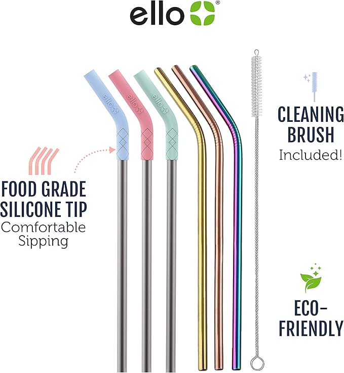 Ello Impact 6 Pack Reusable Metal Straws with Silicone Tips Made from Stainless Steel, Dishwasher Safe, BPA-Freewith Cleaning Brush, Summer Glow