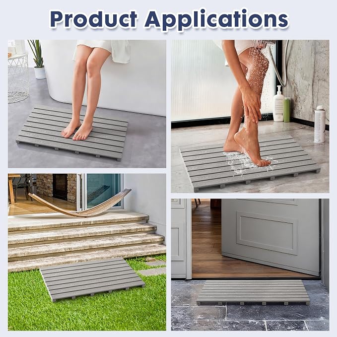 Bamboo-Design Bath Mat, Heavy Duty HDPS Plastic, 31.5"x18", 400lb Support, 100% Waterproof & Fadeproof, Superior to Real Bamboo for Bathroom Shower Spa Sauna Poolside Outdoor (Gray Color)