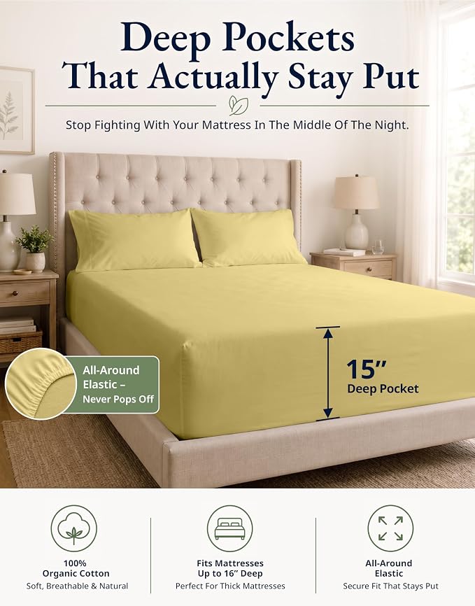 LANE LINEN Twin XL Fitted Sheet, 100% Organic Cotton 2-Piece Set (1 Fitted Sheet, 1 Pillowcase), Percale Weave, Bottom Sheet, Soft, Breathable, Fits Mattress Upto 15" Deep - Cocoon (No Flat Sheet)