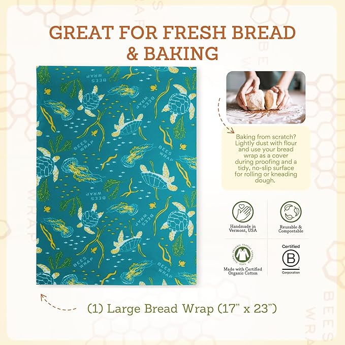 Bee's Wrap Ocean Conservation Set - Beeswax Food Wraps Bundle Includes 1 Bread Wrap, 1 Cut to Size Roll & 3 Assorted Wraps - Made in the USA Beeswax Reusable Wraps for Food