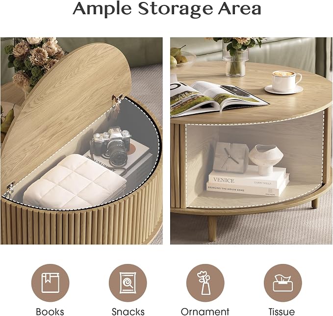 JOINICE 31.5" Round Coffee Table with Storage for Living Room, Natural Oak | Hidden Storage,Fluted Sliding Door,Boho Center Table for Small Apartments,Solid Wood Legs,Easy Assembly,Up to 110 lbs