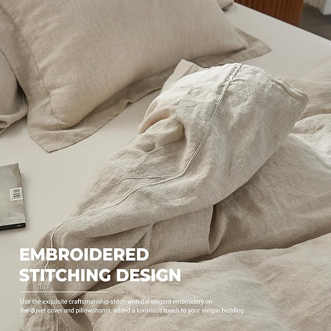 Simple&Opulence 100% Washed Linen Duvet Cover with Embroidered, 3 Pieces Soft Farmhouse Comforter Set with Button Closure,1 Duvet Cover and 2 Pillowshams (California King,Natural Linen)