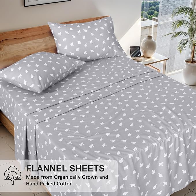 RUVANTI Flannel Sheets Queen Size - GOTS Certified 100% Organic Cotton, 4 Piece Warm, Soft & Breathable Set, Deep Pocket Snug Fit, Double Brushed Cozy All Season Bedding, Baby Bear