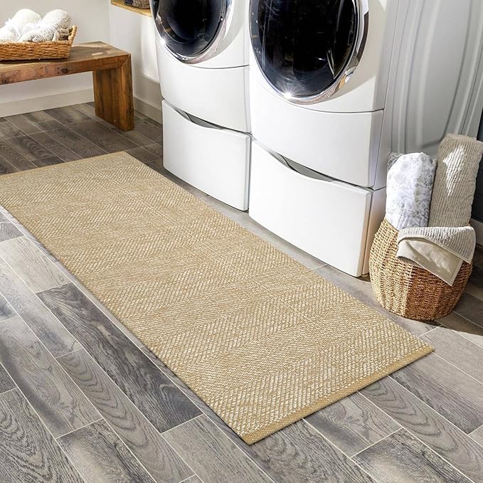 LEEVAN Washable Runner - 2'x5', Tan Hallway Runner, Hand-Woven Reversible Entryway Rug, Cotton Modern Bedroom, Farmhouse Bathroom, Soft Laundry Room, Long Carpet Sink Foyer