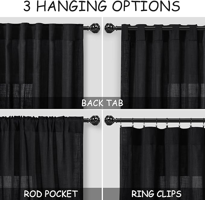 Black Kitchen Cafe Curtains 45 Inch Length 2 Panel Set Back Tab Pocket Semi Sheer Light Filtering Short Curtain Modern Farmhosue Small Curtains for Basement Window Bathroom Living Room 52x45
