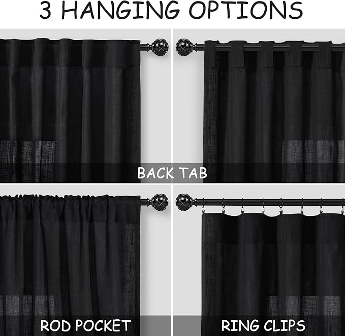 Black Linen Textured 96 Inch Curtains 2 Panel Set Back Tab Rod Pocket Sheer Light Filtering Boho Room Decor Aesthetic Curtains Burlap Look Curtain Drapes for Living Room Bedroom 8Ft 40x96 Inches