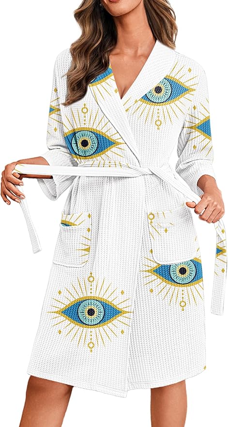 Ekouaer Robes for Women Waffle Knit Bathrobe Lightweight Kimono Robe Knee Length Loungewear with Pockets