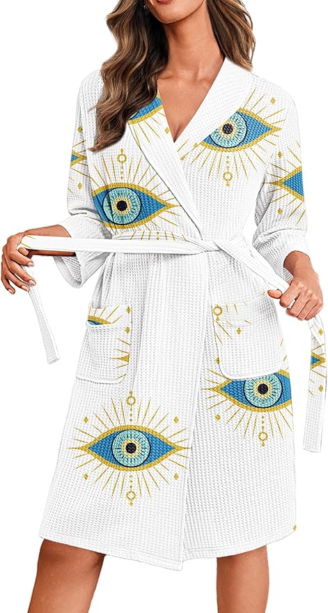 Ekouaer Robes for Women Waffle Knit Bathrobe Lightweight Kimono Robe Knee Length Loungewear with Pockets