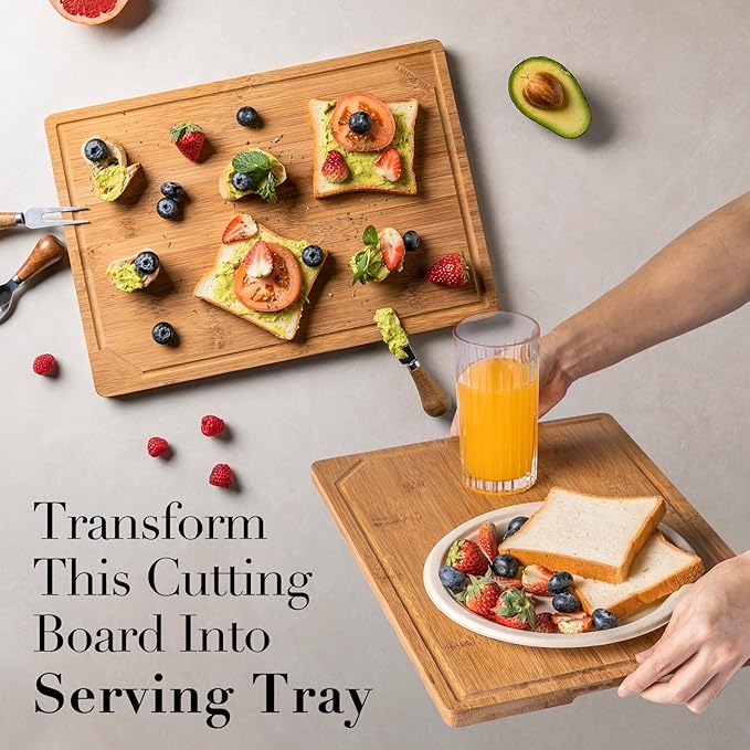 THETCHRY Wood Cutting Board for Kitchen,Non-slip Bamboo Cutting Board with Juice Groove & Handle,Charcuterie Chopping Board for Meat, Perfect Size for Prep & Serving,16.5''Lx11.6''Wx0.6''TH