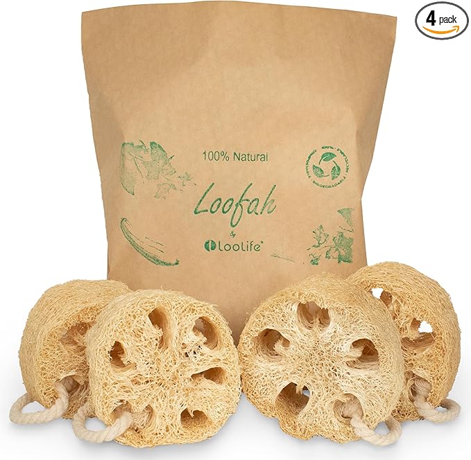 Natural Loofah Exfoliating Sponge (4 Pack) - Loofa Exfoliating Body Scrubber - Biodegradable Organic Loofah Sponge - Shower Luffa Sponges - Shower Lufa - Estropajos para el Cuerpo