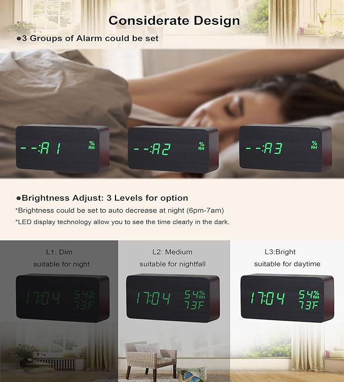 Wooden Alarm Clock Modern Wood Clock Digital Electronic Desk Clock LED Display Time Date Temperature Humidity Voice Control 3 Alarms 3 Brightness for Home Office Kids (Black,Green)