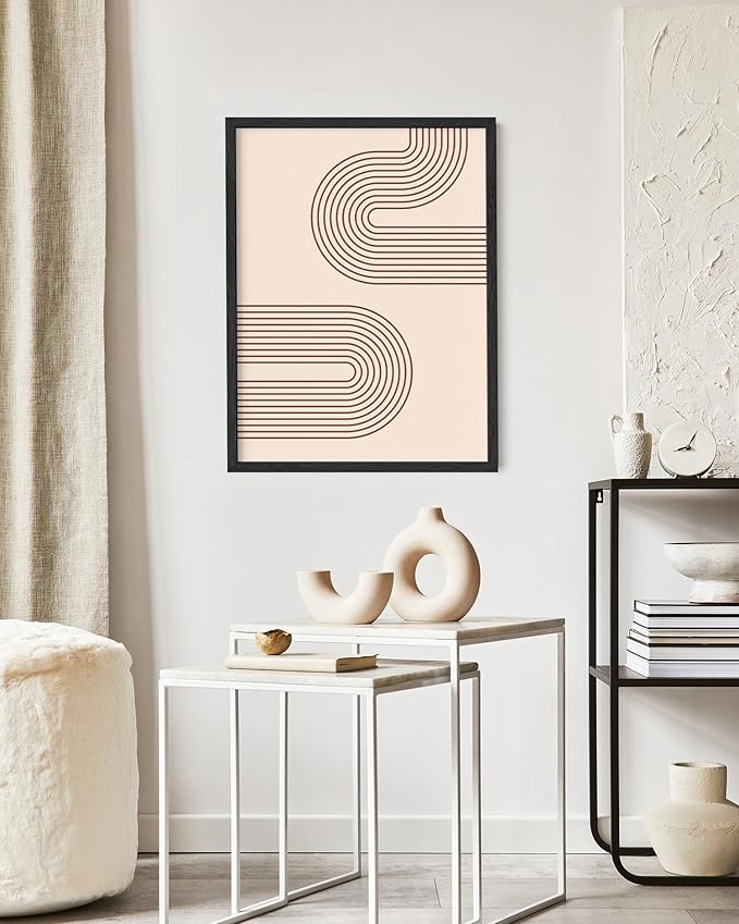 Abstract Double Wavy Arch Wall Art Minimalist S-Shape Lines Earth Tones Terracotta Brown 16x20 Inch Oak Wood Black Framed Boho Geometric Print for Modern Living Room Decor