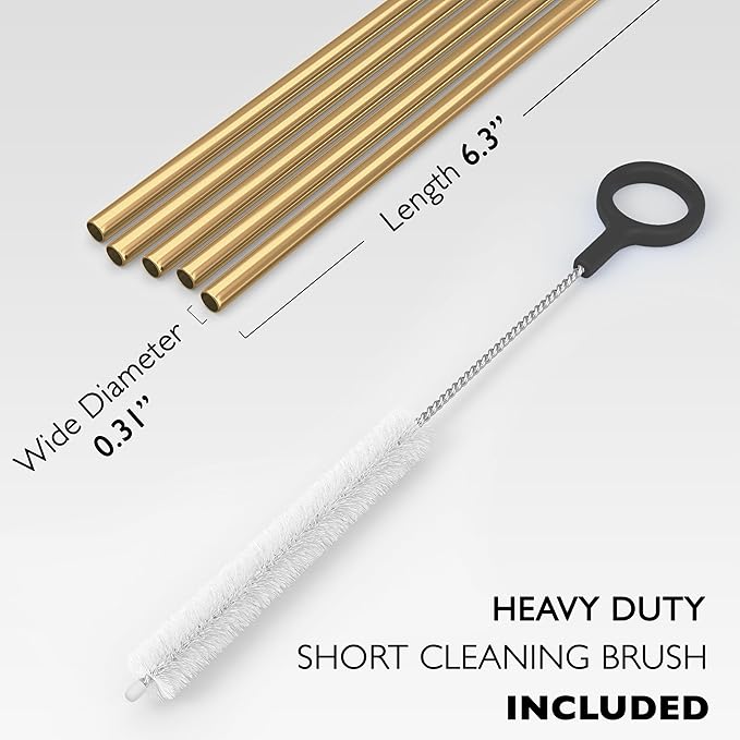 Fiesta First 5 Short Stainless Steel Straws with Cleaning Brush. 6.3" Long Metal Cocktail Straws Reusable, 12-14 oz Tumblers, Kids Smoothies, Shakes - Dishwasher Safe Hard Drinking Straws. GOLD