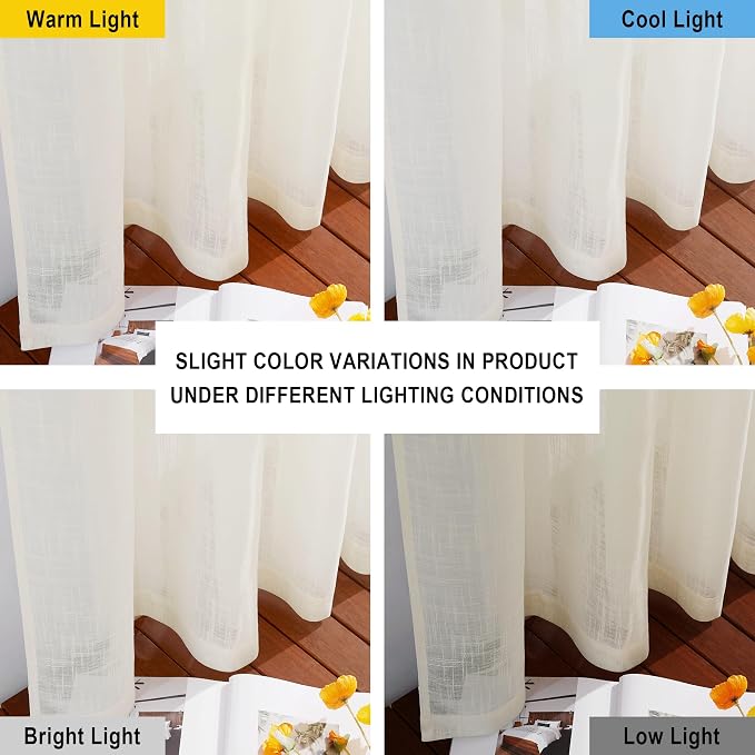 NICETOWN Semi Sheer Curtains 63 inches Long for Bedroom, Rod Pocket & Back Tab Faux Linen Window Treatments Privacy with Light Filter Farmhouse Sheer Drapes for Living Room, Natural, 52" Width, 2 PCs
