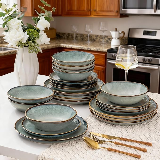 AmorArc Ceramic Dinnerware Sets,Handmade Reactive Glaze Stoneware Plates and Bowls Sets,Highly Scratch Resistant | Dishwasher & Microwave Safe Dishes Set,Service for 4 (12pc)