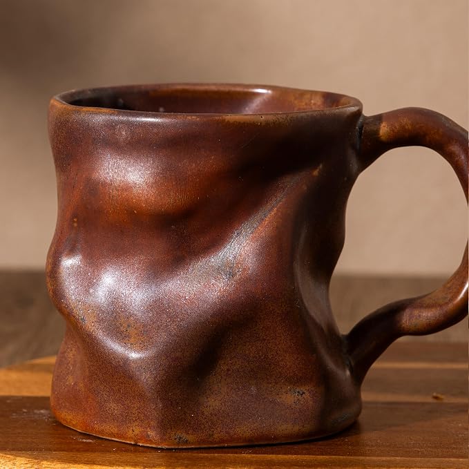 Handmade Ceramic Coffee Mugs, Mugs with Spoon, 11oz, Handmade Pottery Mug with Handle, Hand-painting, Unique Uneven Surface Tea cups, Dishwasher and Microwave Safe (Coffee Color)