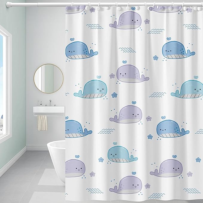 Plastic Shower Curtain Liner, Premium EVA 5G Little Whale Shower Curtain, Shower Curtains for Bathroom with 3 Magnetic Weights and Rustproof Grommets (Little Whale, 72x72 in)