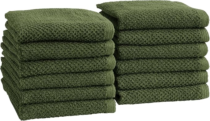 Great Bay Home 100% Cotton 12-Pack 13x13 Wash Cloth - Absorbent, Quick-Drying, Durable Face Towels for Bathroom Decor - Low-Twist, Two-Ply Fibers (Forest Green)