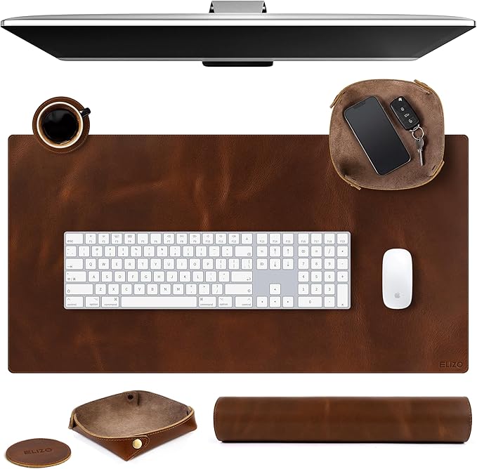 ELIZO Leather Desk Pad Real Leather Desk Mat Thick (3mm) Double Layer (32x16) Cover Blotter Desk Protector Large Computer Mat for Keyboard Mouse Pad Table Laptop Mat Office Accessories - Antique