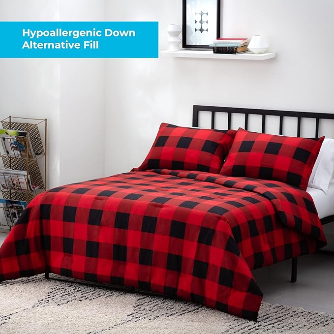 LINENSPA All Season Hypoallergenic Down Alternative Microfiber Comforter, Full, Red/Black
