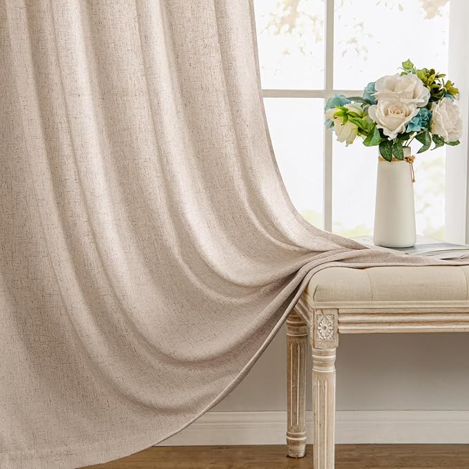 MIULEE Non-See-Through Privacy Linen Curtains 2 Panels, Light Filtering Window Curtains Farnhouse Textured Back Tab Semi Sheer Drapes for Bedroom Living Room, 52 x 72 Inches Long, Beige