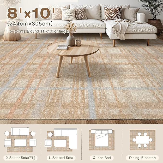 Tortania Area Rug Living Room Rugs - 8x10 Washable Large Soft Neutral Boho Moroccan Bohemian Farmhouse Rug Indoor Floor Carpet for Bedroom Under Dining Table Home Office Decor - NeutralBeige