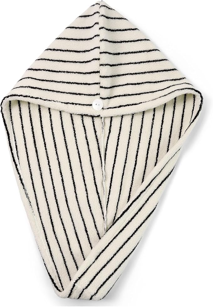 Jacquotha Cotton Hair Towel Wrap for Women (Black & White Striped) – Anti-Frizz Absorbent Quick Drying Hair Turban for Wet Hair, 25” x 9.5”, 1 Pack