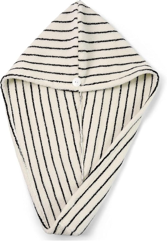 Jacquotha Cotton Hair Towel Wrap for Women (Black & White Striped) – Anti-Frizz Absorbent Quick Drying Hair Turban for Wet Hair, 25” x 9.5”, 1 Pack