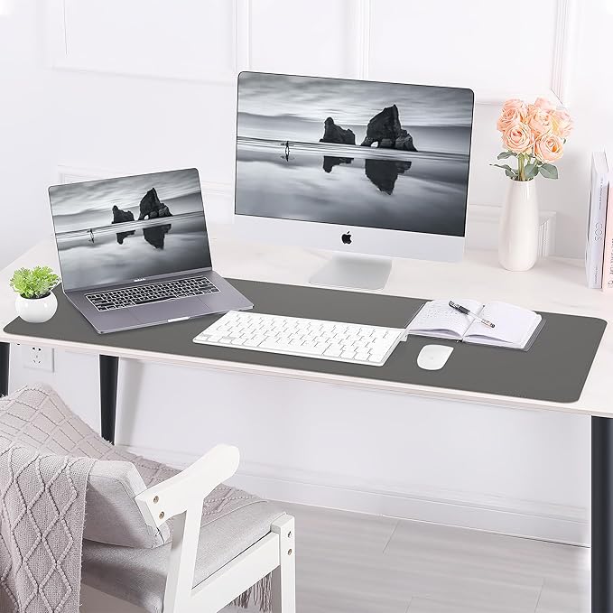 AFIING Leather Desk Pad Protector, 47" x 17" Large Desk Mat with Natural Cork & PU Leather, Mouse Pad, Non-Slip, Waterproof Desk Writing Pad for Office and Home (Dark Grey)