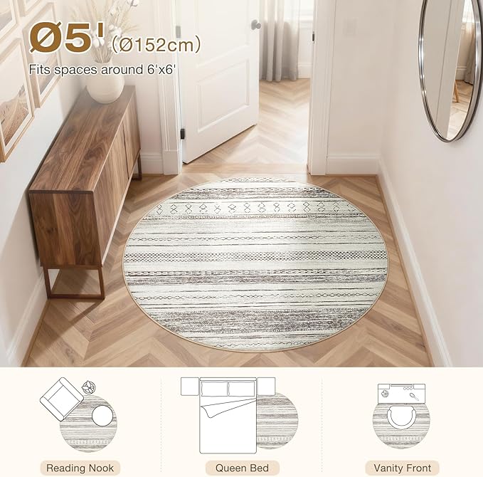 Tortania 5' Round Area Rug Living Room Rugs - Washable Large Soft Neutral Boho Moroccan Bohemian Farmhouse Rug Indoor Floor Carpet for Bedroom Under Dining Table Home Office Decor - Cream/Brown
