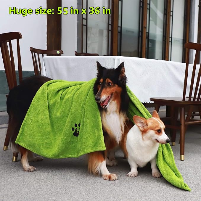 Dogvingpk Extra Large Dog Towel 2 Pack, Super Absorbent Soft Quick Drying Microfiber Pet Bath Towels for Large & Medium Dogs (XL-55" * 36", Green and Grey)